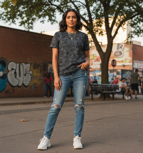 UNM Current Logos Tattoo Ladies T-shirt - Washed Black